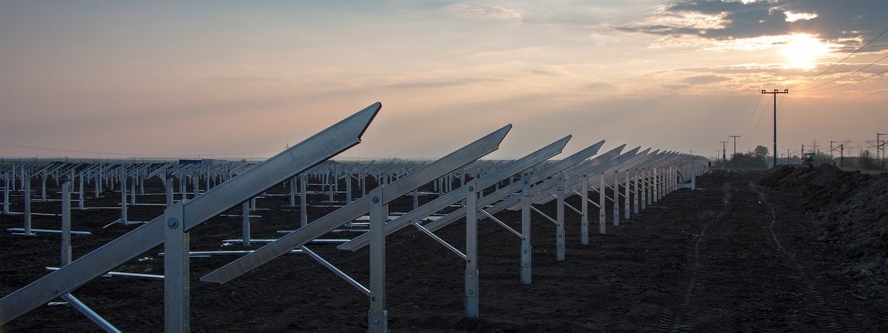 Solar field, outdoors, sunset or sunrise